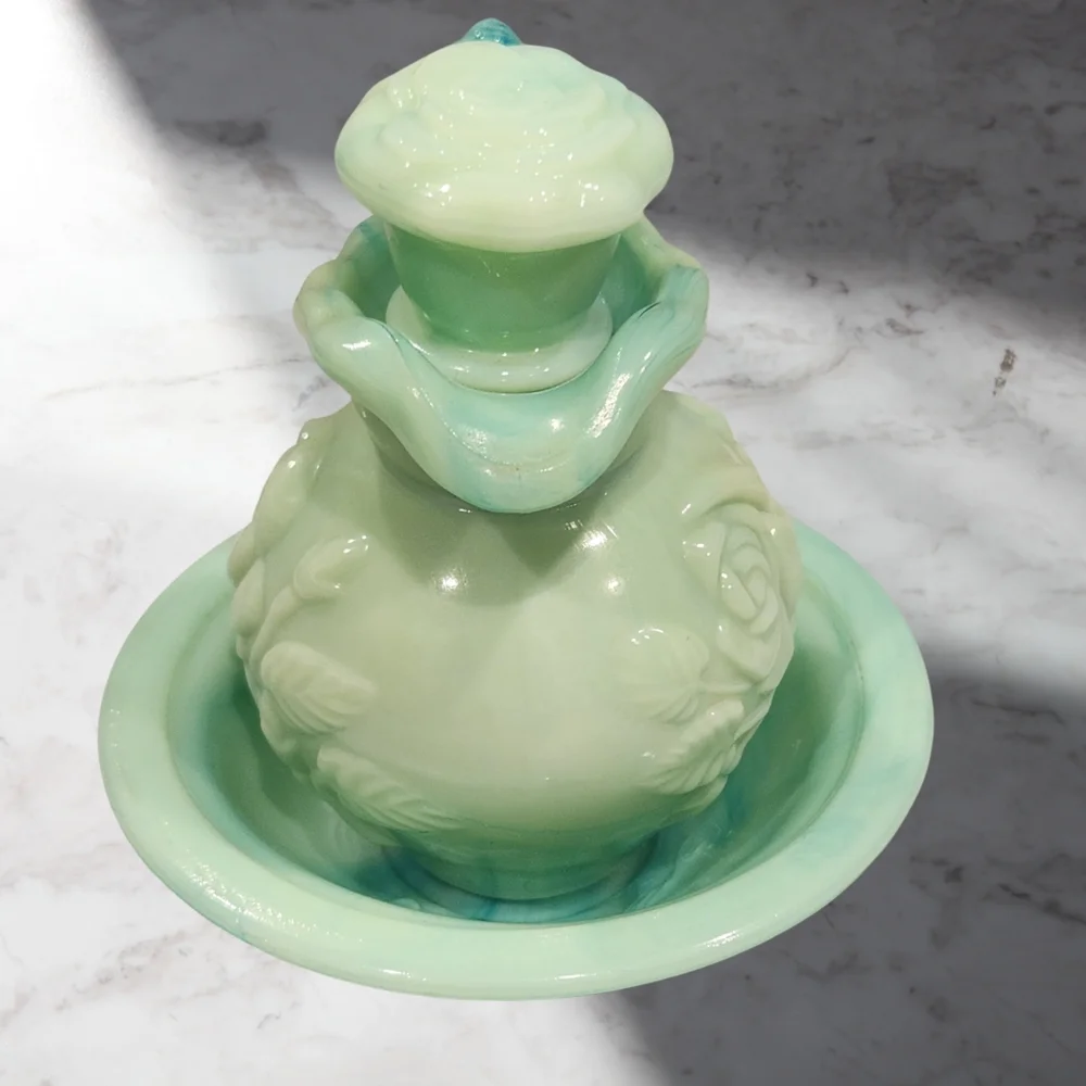 Vintage Avon Jadeite Green Swirl Milk Glass  Pitcher With Stopper and‎ Basin